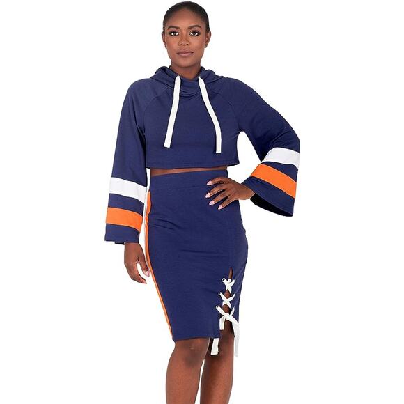 POETIC JUSTICE Curvy Women's Sz M Navy Orange Sleeve Cropped drawstring Hoodie - Picture 1 of 9